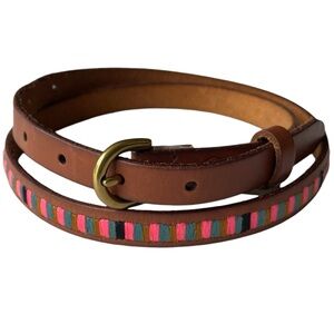 Narrow Fossil Leather Belt with Ethnic Embroidery, Small 30” - 32”